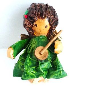 VTG Christmas Angel Ornament Paper Mache Handmade Decoupage Holly Instrument